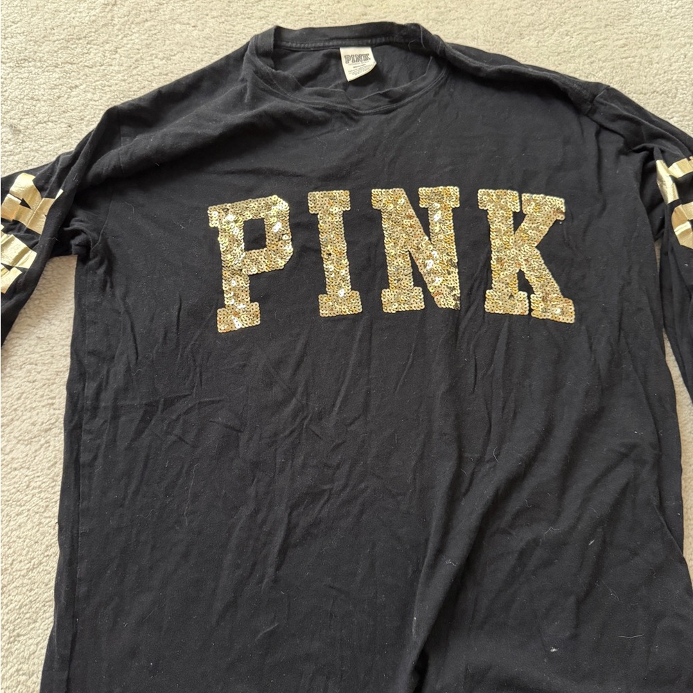 PINK Victoria's Secret Black longsleeve Tee with gold sequins